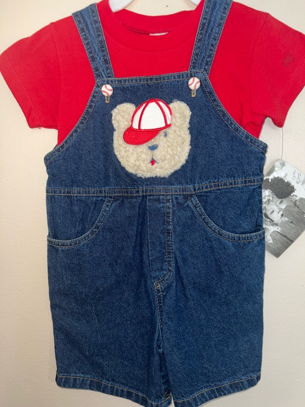 Vintage Kids Denim Overalls with Bear in a Ball Cap Design​